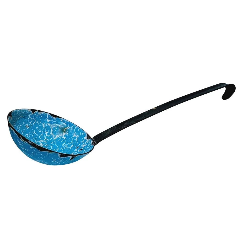 Vintage Blue Speckled Enamel Ladle Primitive Farmhouse Rustic Kitchen Decor